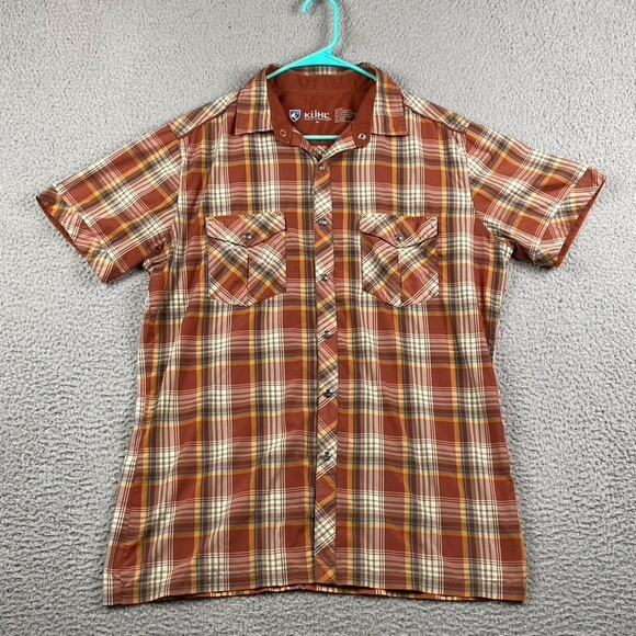 Kuhl Pearl Snap Button Shirt Men's Medium Orange Plaid Western Outdoors Work - Picture 2 of 11
